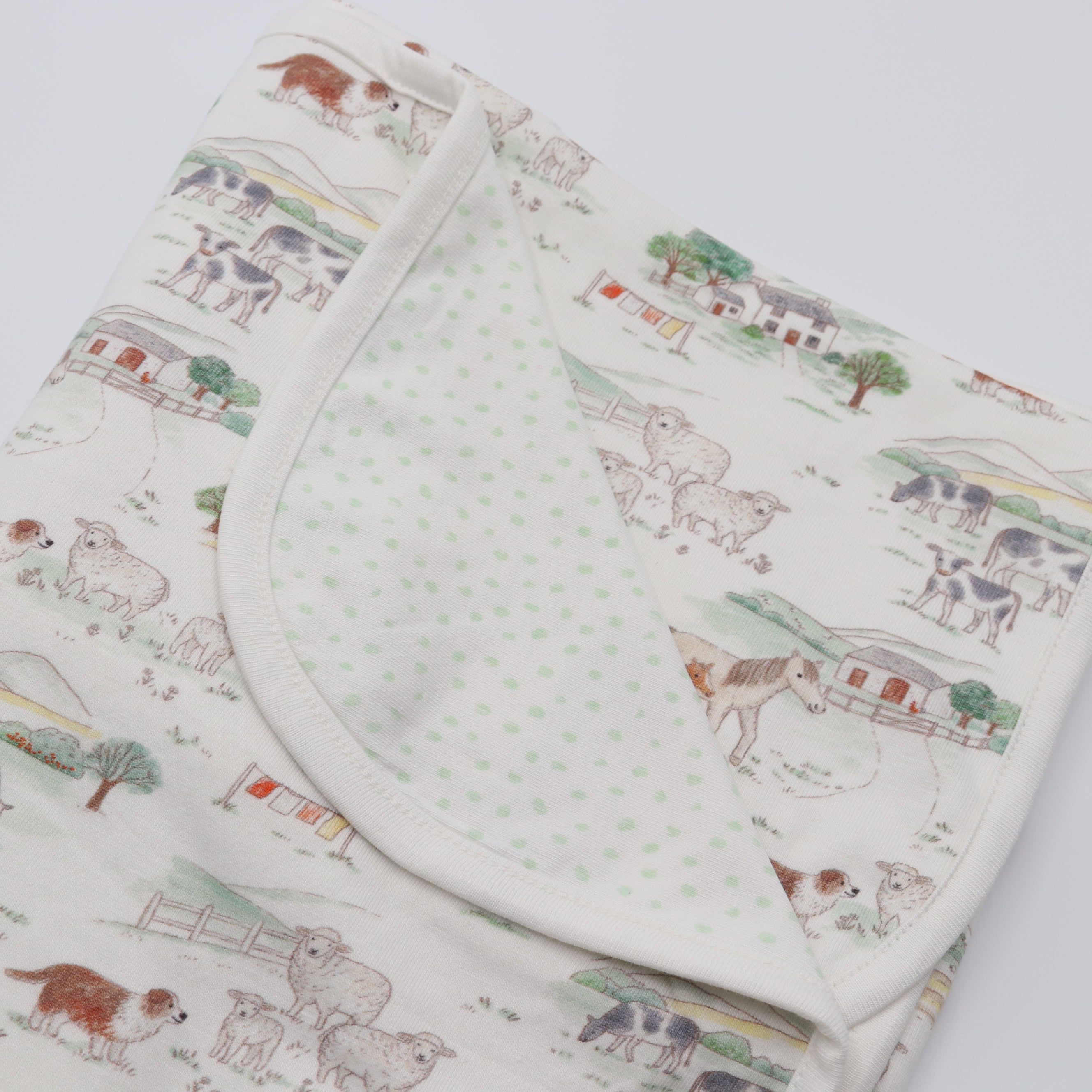 Baby blanket with farm animal pattern on a white background