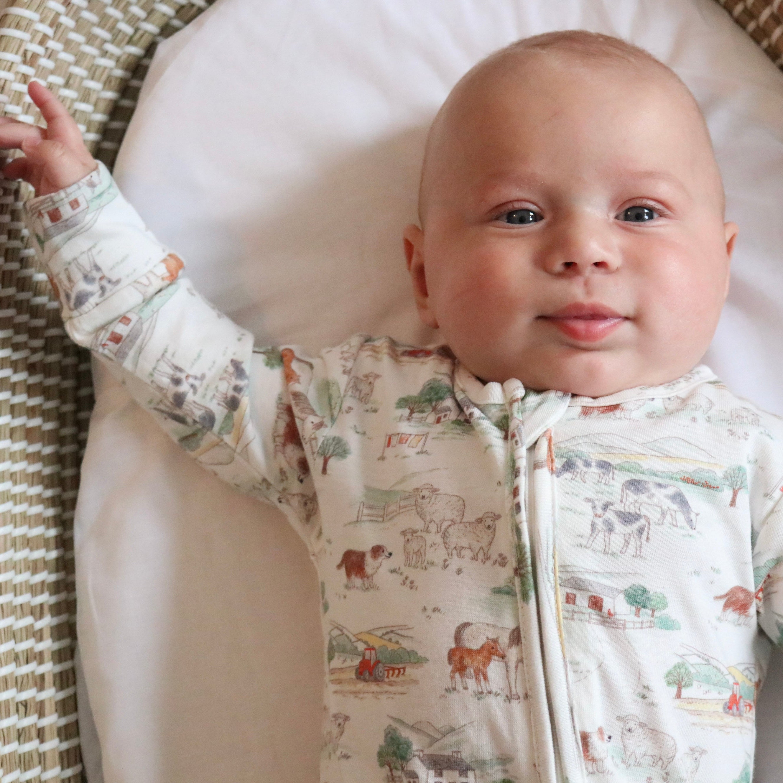 Baby lying in a crib wearing a farm sleepsuit, fox and lottie