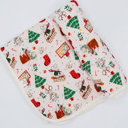 Christmas print fox and Lottie baby blanket. With mice on sleighs, mice posting Christmas card.