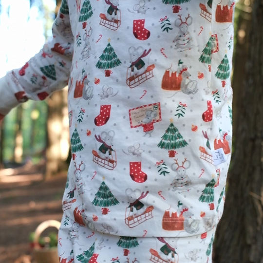 Fox and Lottie Christmas pyjamas, premium sleepwear. Mice in Christmas scene. 
