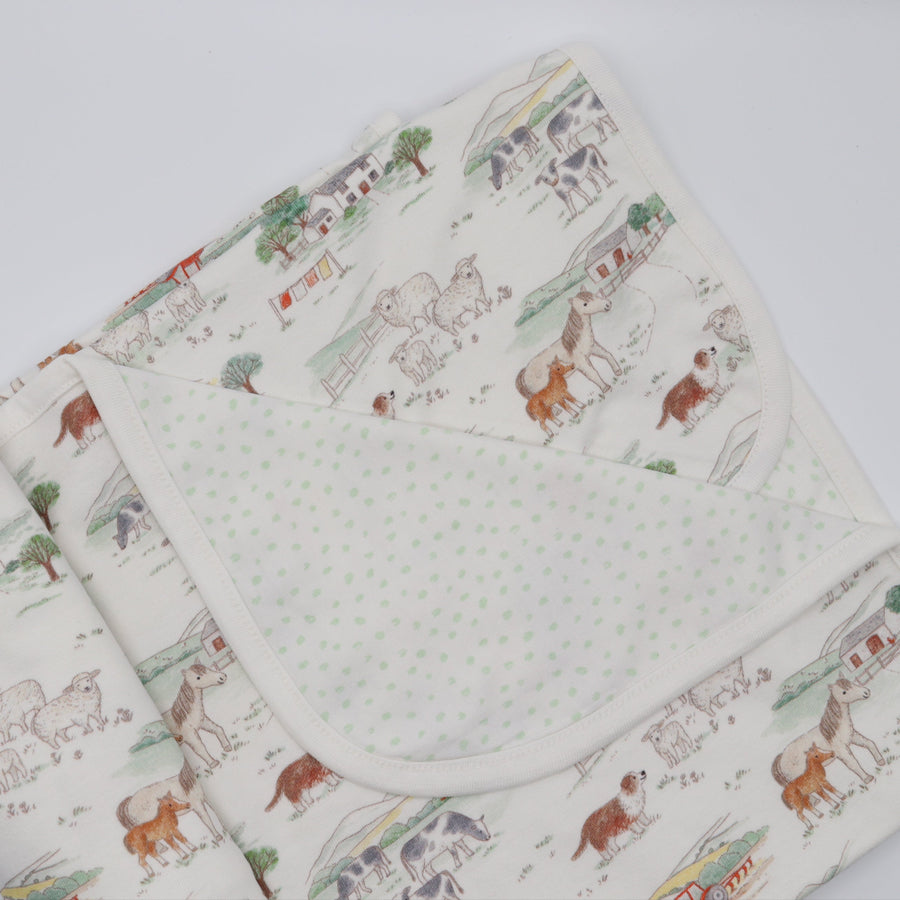Baby blanket with farm animal pattern on a white background