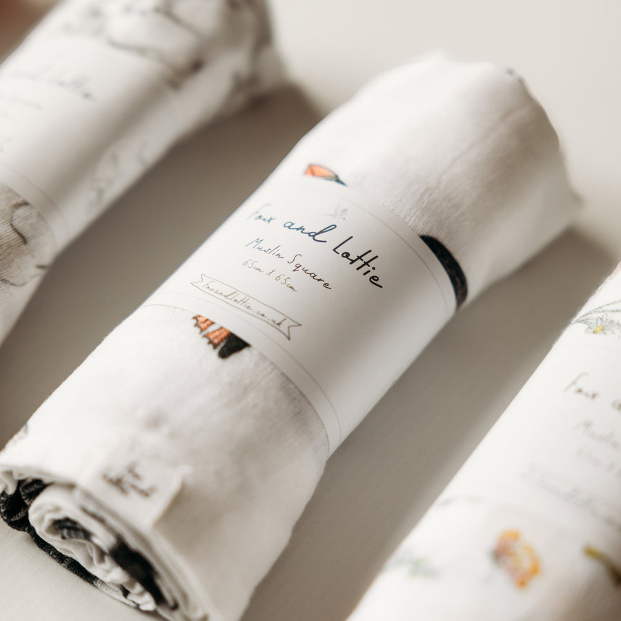 Muslin square close up puffin print. Fox and Lottie premium sleepwear for children, babies and infants. 