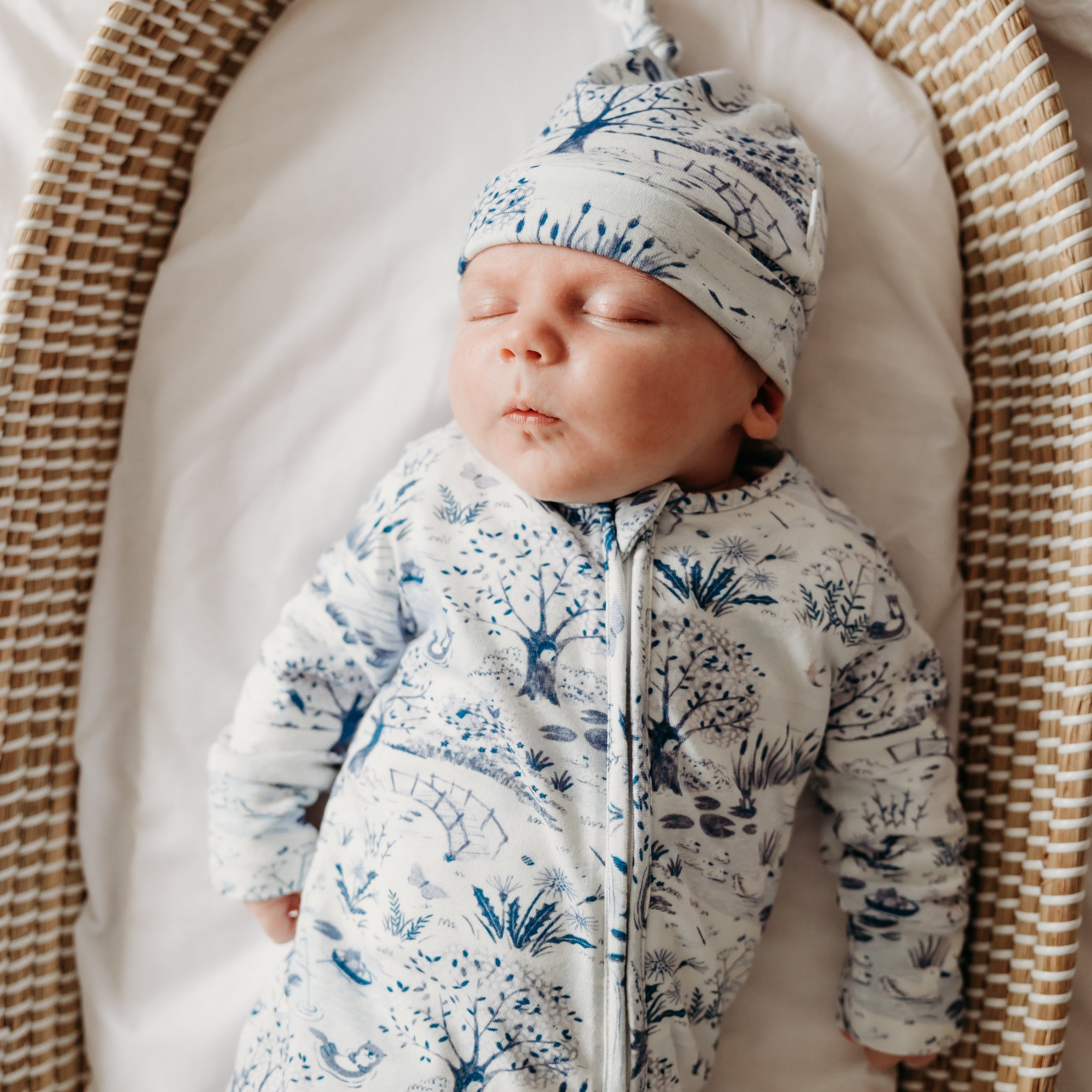 Fox and Lottie premium sleepwear, on the river sleepsuit and on the river hat.