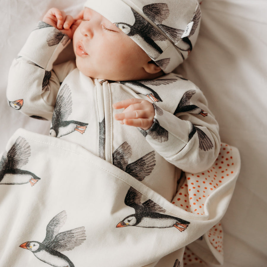 Puffin blanket print covering baby. Baby in puffin sleepsuit with puffin baby hat. Fox and Lottie baby infant sleepwear.